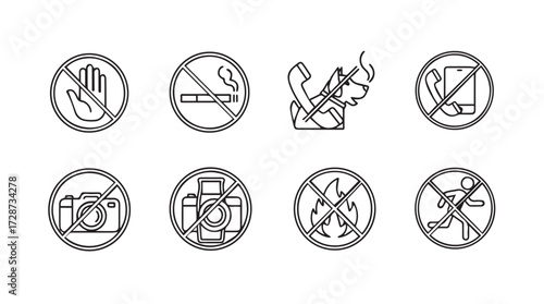 Collection of prohibited actions icons set for safety and regulations vector