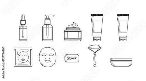 Skincare product collection line drawing icons for beauty and wellness branding vector