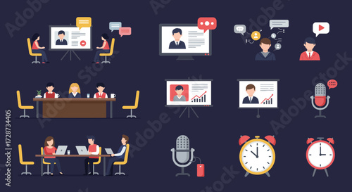 A grid of 12 flat design vector illustrations related to meetings presentations media and time