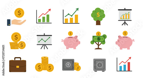 A grid of finance and investment related flat icons on a white background