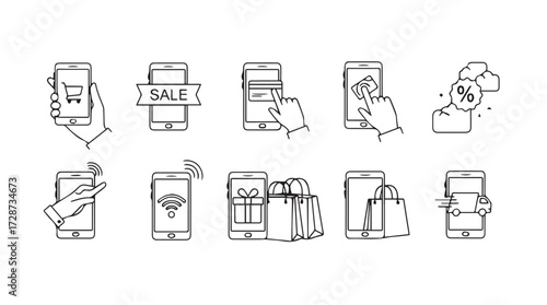 Mobile shopping icons set handheld devices app interface elements for online retail and e-commerce vector