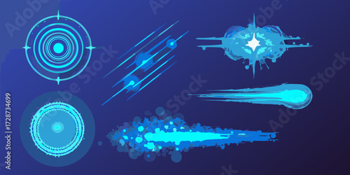 Collection of glowing blue futuristic energy effects and projectiles on a dark blue background