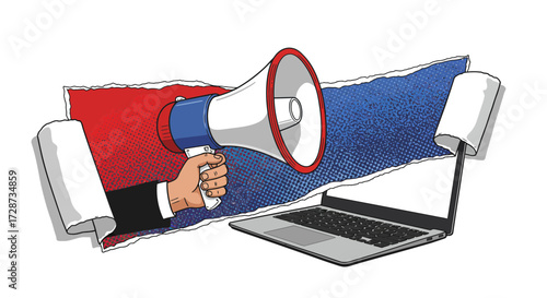 Illustration depicting digital communication through a megaphone and a laptop