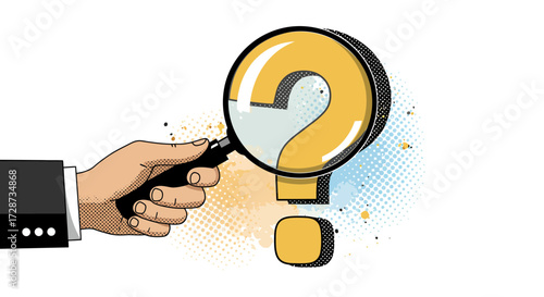 Illustration of a hand holding a magnifying glass over a question mark