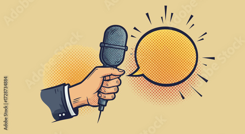 Illustration featuring a microphone held by a hand, accompanied by speech bubble