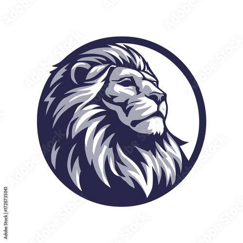 Majestic lion head depicted within a dark circle, rendered in grayscale with stylized mane