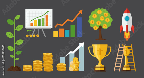 Collection of flat design icons representing growth finance success and investment