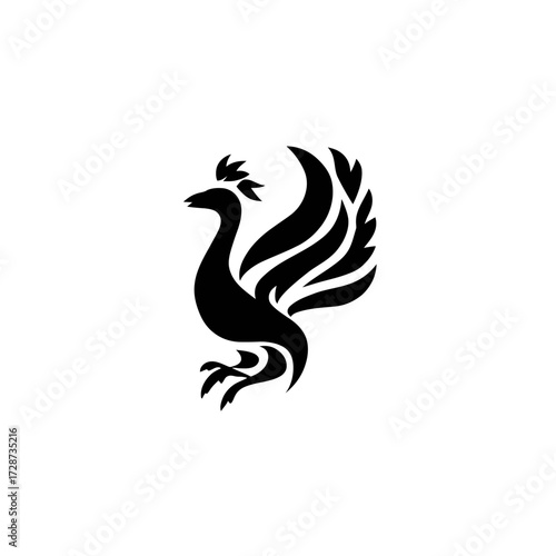 A stylized black avian figure with decorative feathers, on a white background