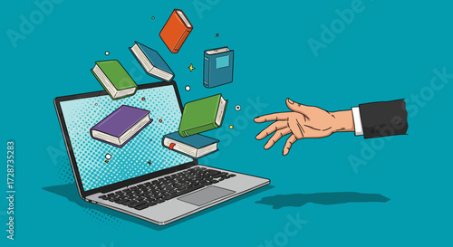Pop Art Illustration: Digital Library and Online Learning Experience with Laptop
