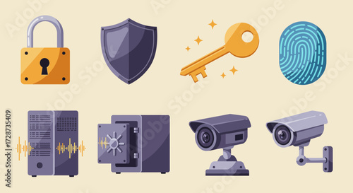 Eight security and protection icons arranged in two rows against a light background