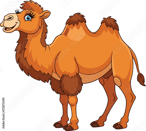 Cartoon Bactrian camel illustration, cute desert animal vector, smiling camel with humps, white background, children’s educational wildlife clipart