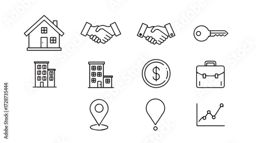 Set of hand drawn icons representing real estate business finance and investment concepts vector