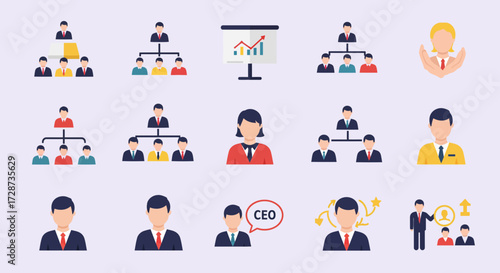 Flat style icons depicting organizational charts leadership and business roles