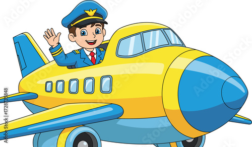 Cartoon, airplane, pilot, cockpit, waving, uniform, travel, aviation, yellow, blue, cheerful, character, vector, illustration, windows, flying, friendly, animated, red, background