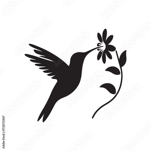 hummingbird sipping from flower vector silhouette clip art logo design illustration