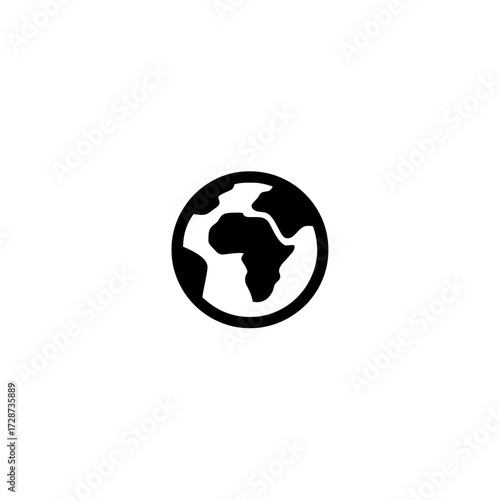 A simple black and white icon of Earth with continents highlighted. Mostly white background