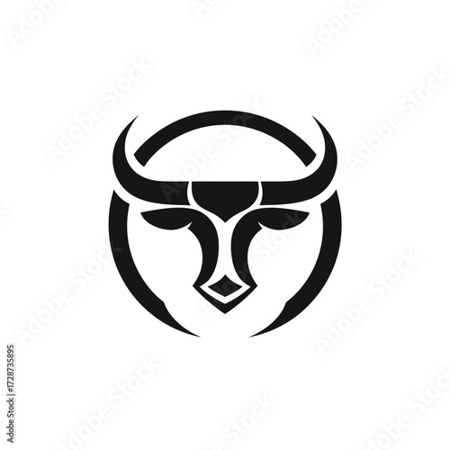 Stylized bull head, black silhouette within a circular frame, isolated on white