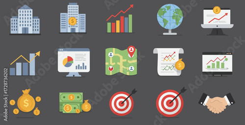 Twelve flatdesign finance and business icons arranged in three rows on a dark gray background