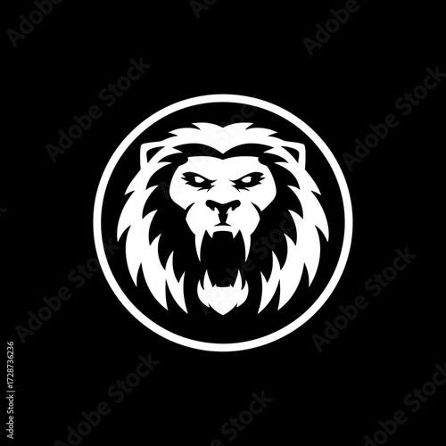 A monochrome, graphic rendering of a roaring lion's head within a white circle, set against black