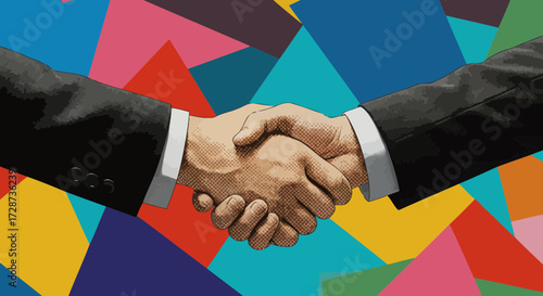 Vibrant handshake on colorful abstract background signifying partnership