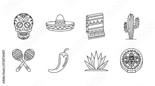 Traditional mexican cultural icons collection festive symbols of fiesta and celebration for design vector