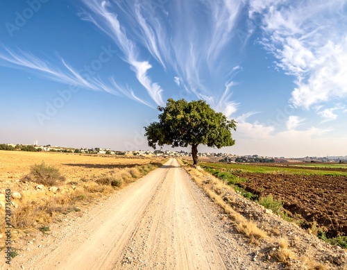 Country road with a lone tree under a dramatic sky
