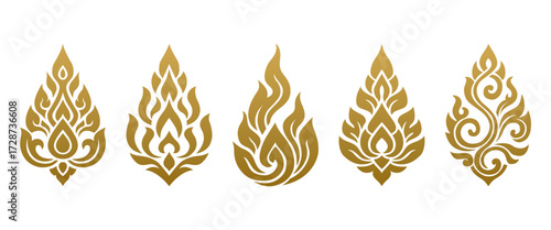 Set of Golden Thai Art Icons, Traditional Floral and Kanok Symbols for Spa and Wellness Logo Design