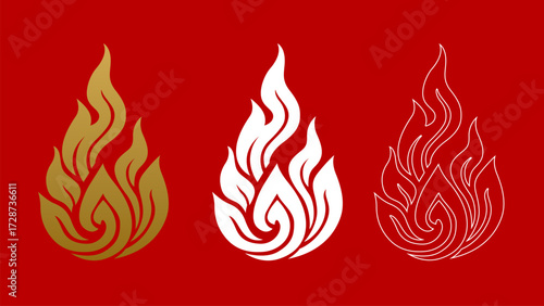 Thai Fire Logo and Icon Set, Traditional Kanok Flame Symbol in Gold, Silhouette, and Outline Styles