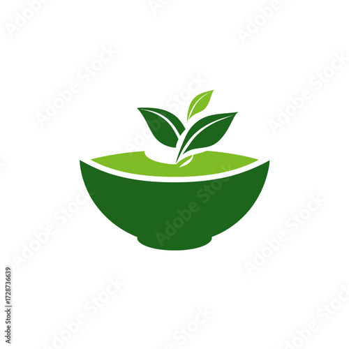 Green bowl-shaped design with two-tone filling, a small sprig of leaves growing from the center