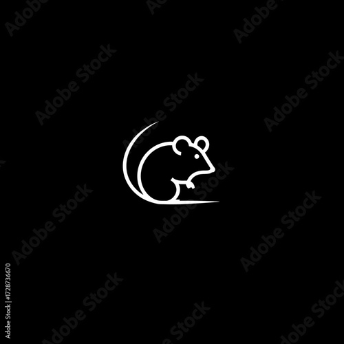A minimalist white outline of a mouse, within a crescent shape, centered on a black background