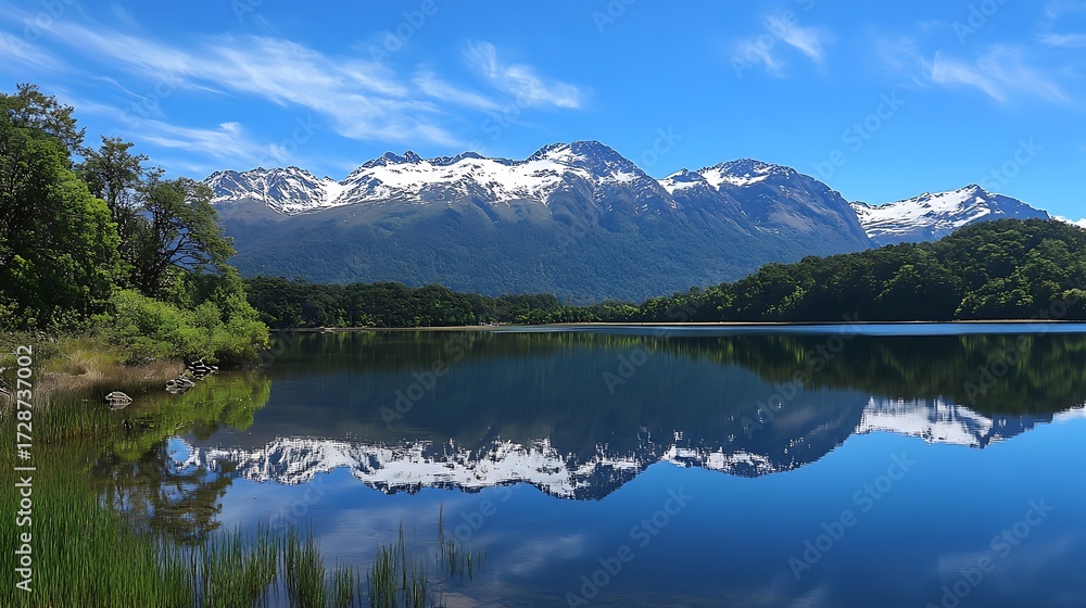 Fototapeta premium Experience the majestic mountains reflecting in the clear blue waters, a serene escape