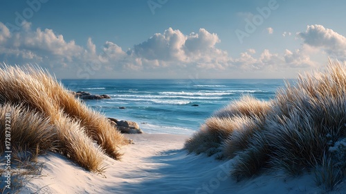 Peaceful photograph of pristine sand dunes topped with waving marram grass on a beautiful, secluded beach leading down to a calm blue ocean.