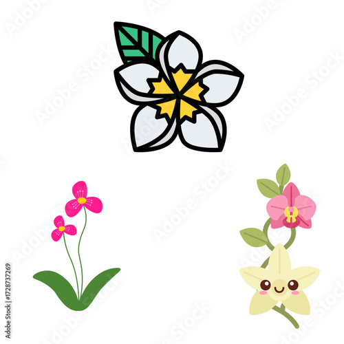 Cute kawaii flowers collection with vanilla orchid and plumeria 
