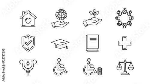 Collection of hand-drawn icons representing social welfare health education community and justice concepts vector