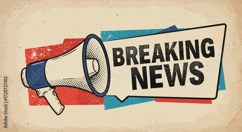 Vintage Breaking News Announcement with Megaphone and Grunge Background