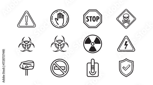 Collection of hand drawn safety and warning symbols icons for alert and danger signage vector