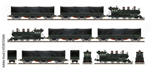 Steam locomotive carriage commuter vintage train wagons realistic model highly detailed flat vector set illustration