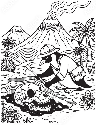 Penguin Archaeologist Coloring Page with Volcano Fossil Digging Adventure and Prehistoric Bones Printable Line Art