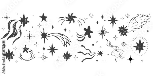 Star border spark crayon bling falling stars textured hand drawn divider. Simple chalk festive shiny space elements, festive lights 