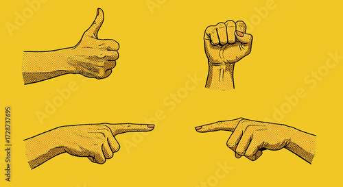 Vintage hand gesture collection in halftone style over yellow background