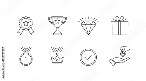 Set of winning icons trophy diamond gift box reward badge stopwatch hand paying cash vector
