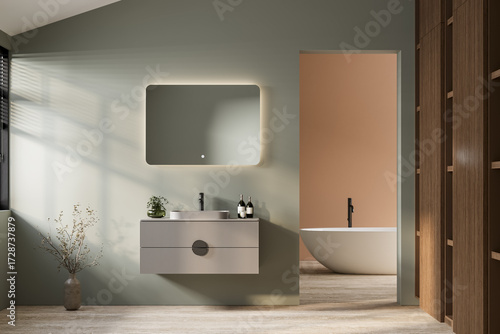 Minimalist modern bathroom with floating vanity, backlit mirror, and freestanding tub. Elegant Japandi-inspired design with natural light and clean 3D render