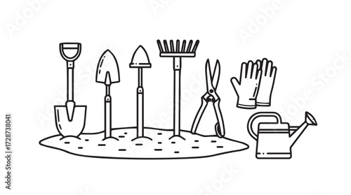 Gardening tools assortment set shovel trowel rake gloves watering can for outdoor work vector