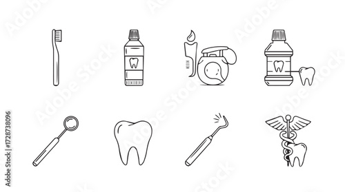 Collection of dental hygiene tools and tooth icons hand drawn sketch style for oral care vector