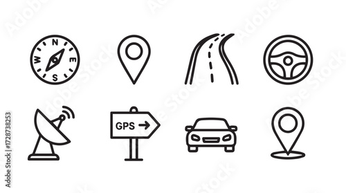 Collection of navigation and travel icons including compass map pin road car and steering wheel vector