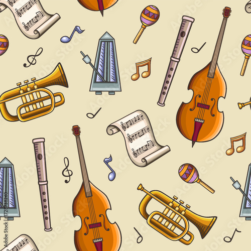 A seamless pattern of musical instruments and sheet music on a light yellow background
