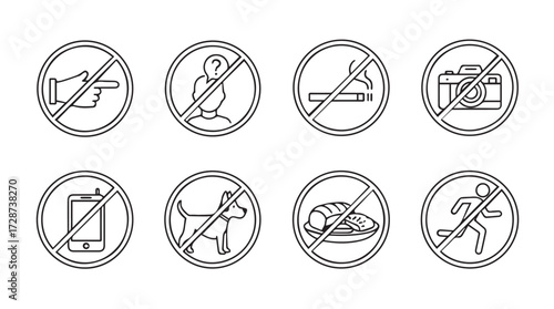 Set of hand drawn crossed out icons representing forbidden actions and objects in a row vector