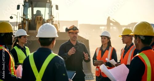 Construction Team Discussing Plans on Site at Sunrise, Diverse Group of Engineers