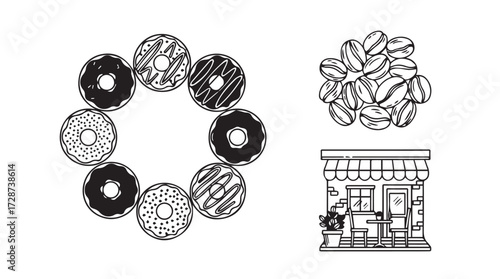 Hand drawn donuts coffee beans and cafe shop emblem art design vector