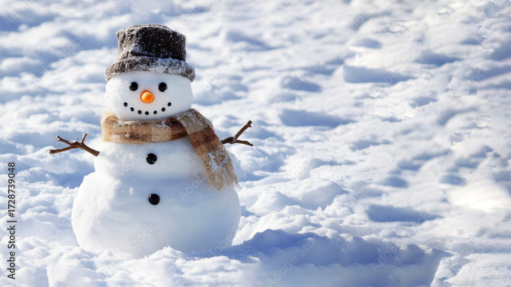 Obraz premium Cute snowman with scarf and hat on snow